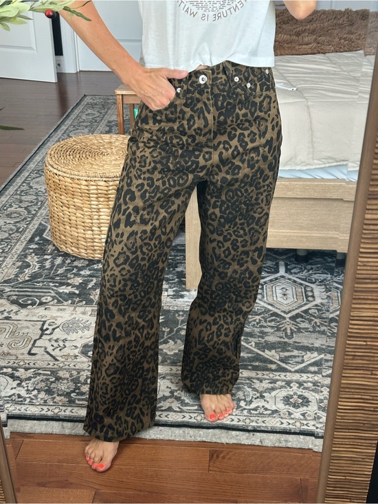 Denim - Wide-Leg Leopard Print Women’s Jeans in Olive/Brown XS